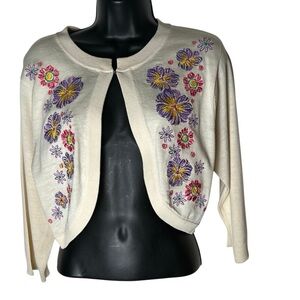 Bob Mackie Cardigan Shrug Embroidered Floral Crop Bolero Ivory Cottagecore M